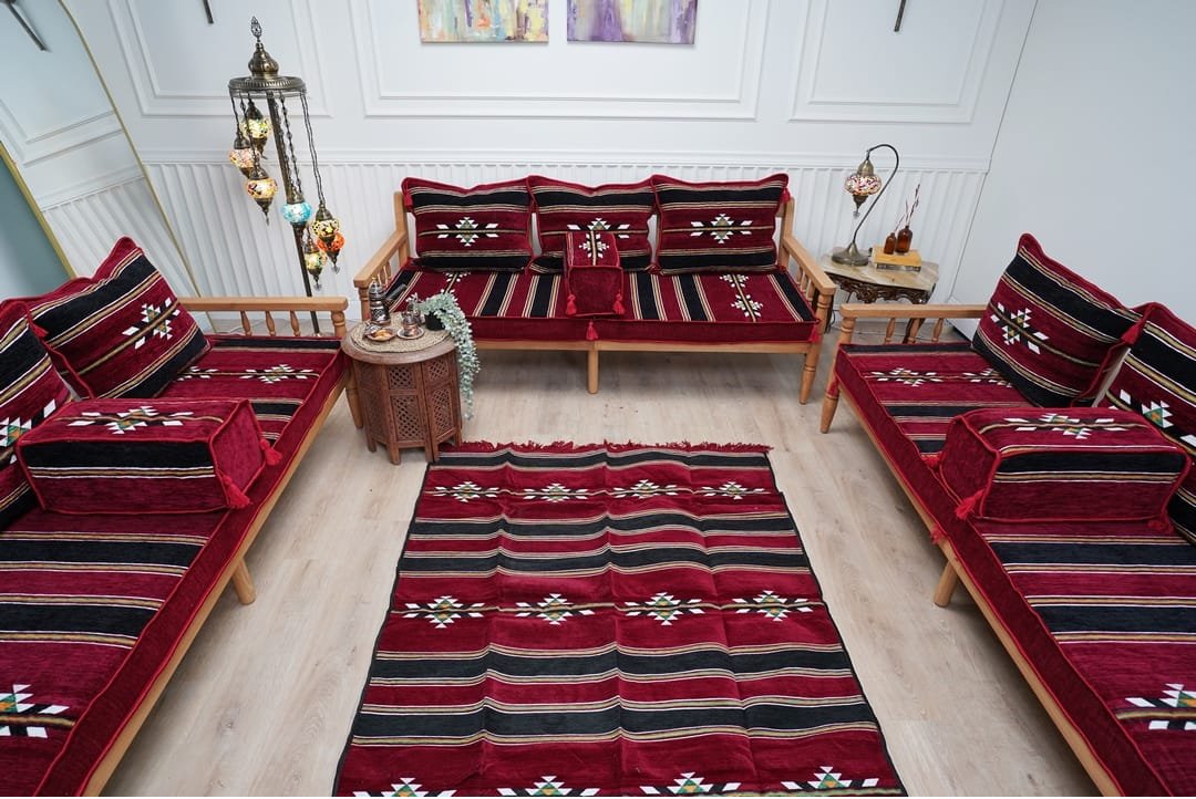 Vişne Asaleti Çizgili Ahşap Şark Köşe Takımı Yer Minderi